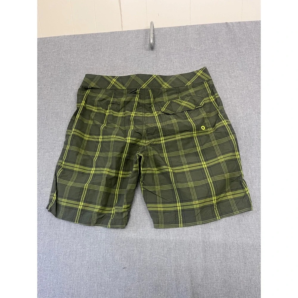 Prana Mens Board Shorts 36 Green Yellow Plaid Swim Trunks UPF 50+ RN 124977